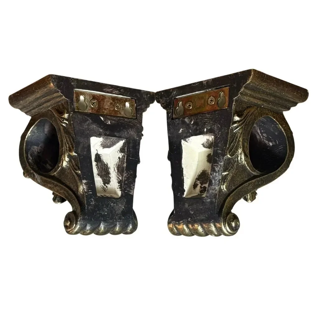 Vintage Gold Ornate Curtain Rod Brackets Pair Hollywood Regency Drapery Holders